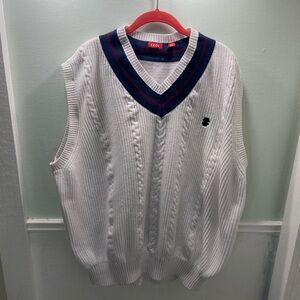 Izod Men's White V-Neck Sweater Vest with Navy and Red Trim